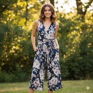 Charlotte Russe Navy Floral Wide Leg Jumpsuit Women's XS